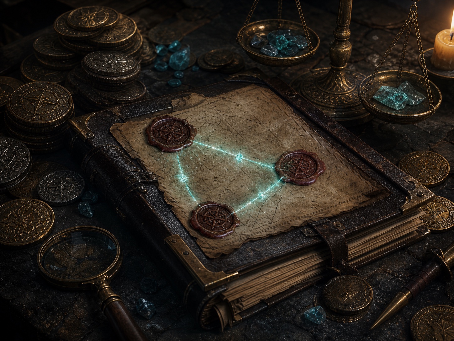 Fantasy currency tokens, scales, and a route ledger on a tabletop