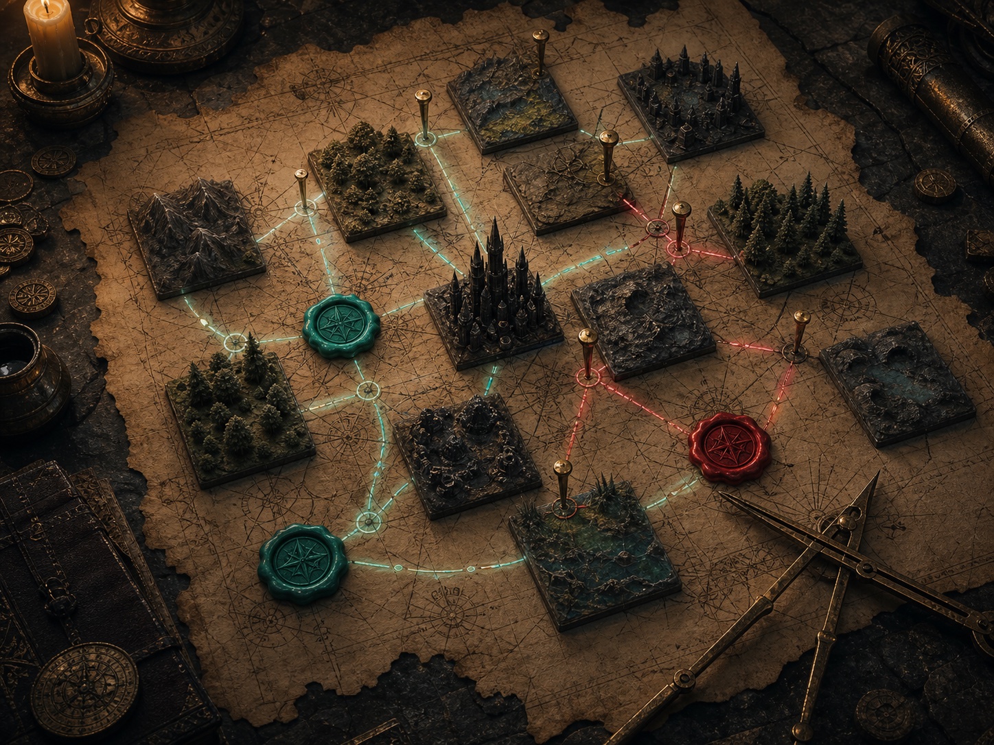 Fantasy atlas with terrain tiles and route markers